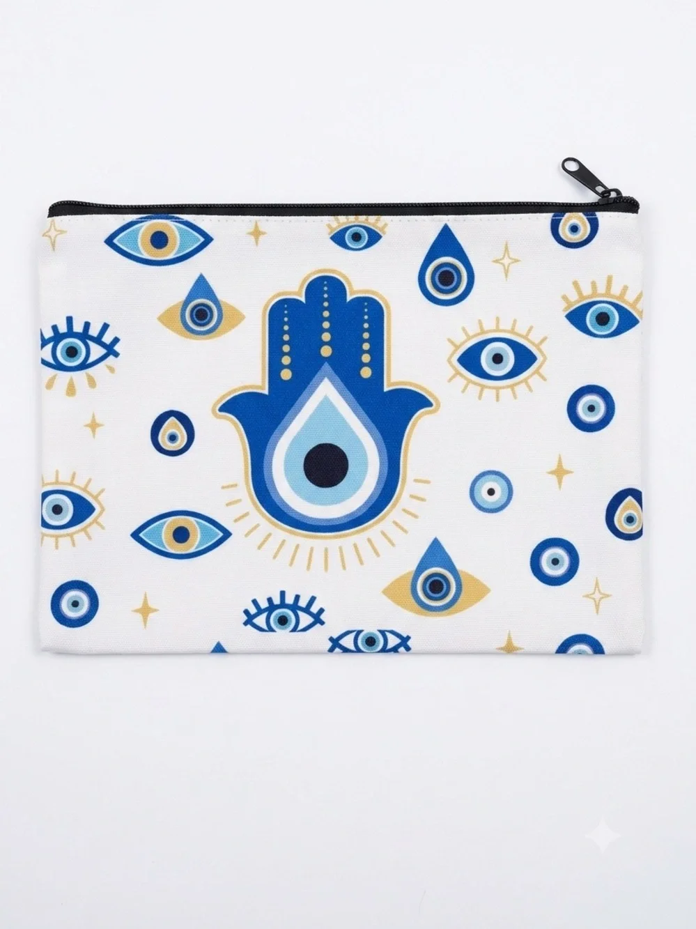 Evil Eye Hamsa Zip Pouch - Blue and Gold, handmade, NEW!